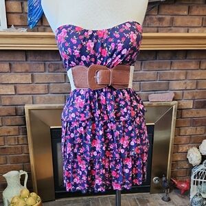 Floral Minidress Wide Belt Size Small Pink Navy Blue Feminine Western Strapless